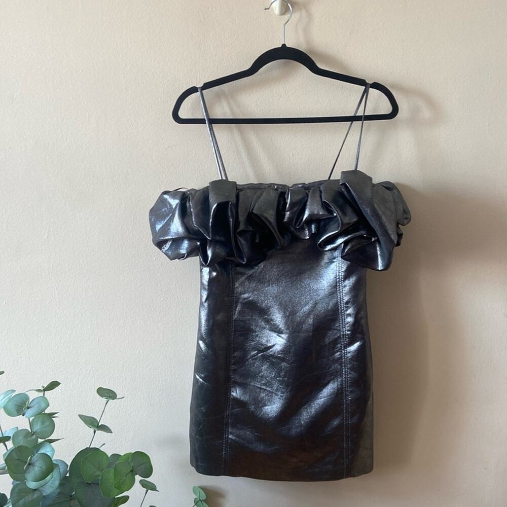 New Zara Voluminous Short Mini Dress Ruffles Metallic Silver Grey Medium Party
